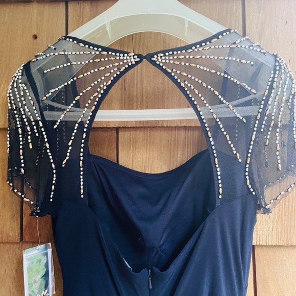 Betsy & Adam Square Neck Short Beaded Sleeve Open Back Gown Navy Dress Size 10 - Picture 14 of 15
